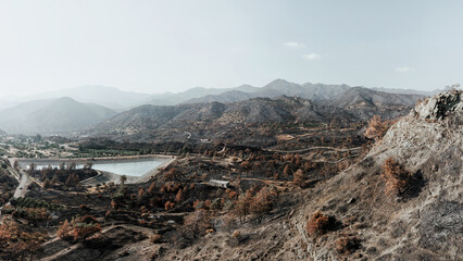 Water reservoir surviving a devastating forest fire near Arakapas village. Limassol District, Cyprus