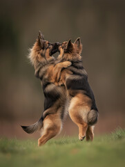 Two German Shepherd puppies energetically play with each other on a grassy field.