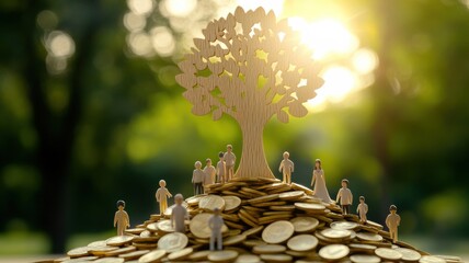 A creative representation of growth and wealth with figures, coins, and a tree, symbolizing prosperity and sustainability.