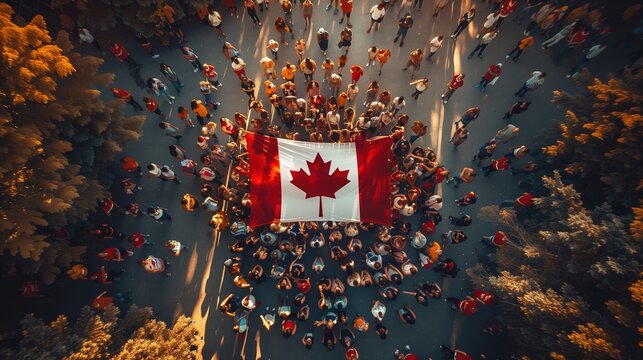 A Canadian flag held by a crowd of people celebrating Canada Day. The scene is filled with joyful faces and festive decorations