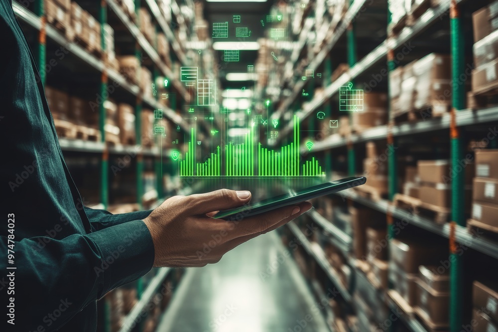 Poster businessman using digital tablet with warehouse management system and data visualization elements