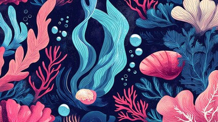 Naklejka premium Abstract seamless pattern of coral and seaweed in vibrant blue and pink tones on a dark blue background.