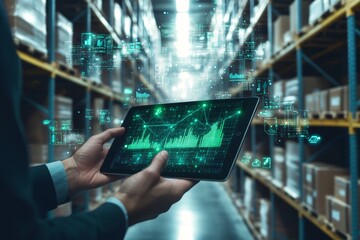 Businessman using digital tablet to manage warehouse with data technology and visual analytics