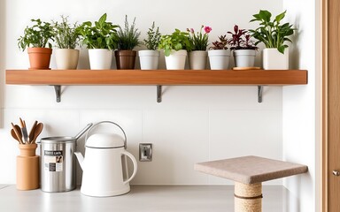 Modern kitchen with plants on a shelf, white and brown, minimalist design, perfect for a fresh start. 
