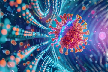 Vibrant coronavirus particle amidst dna strands