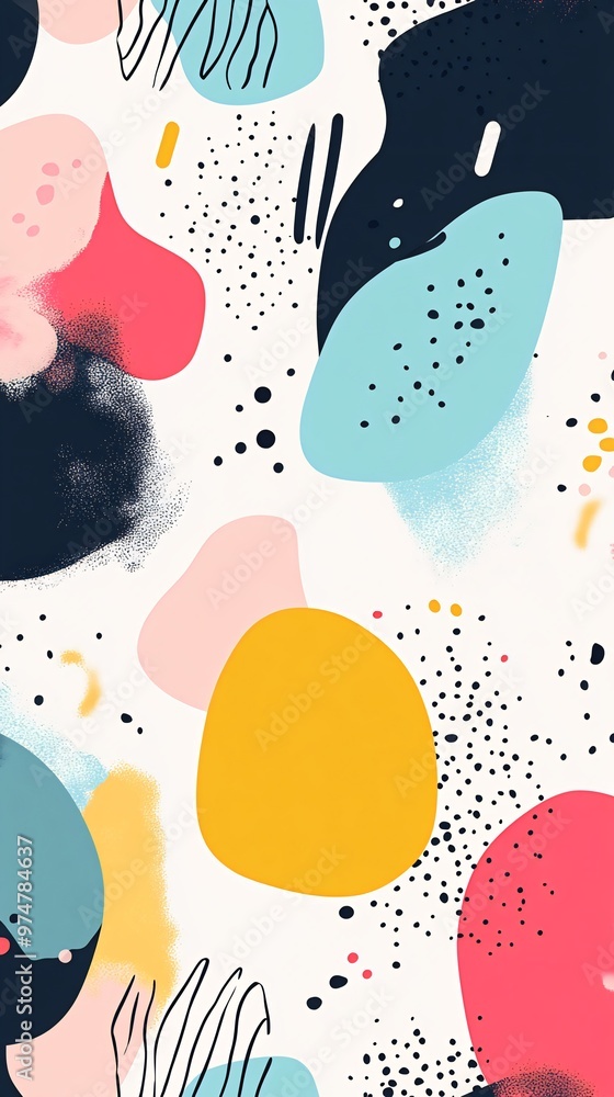 Poster abstract pattern with colorful shapes and dots on white background.