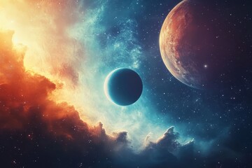 Vivid digital artwork of a mysterious cosmic realm with enormous multi colored planets in the sky