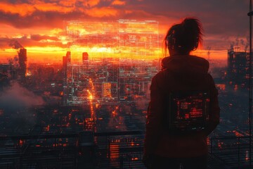 Fototapeta premium silhouette of a construction engineer against a dramatic sunset overseeing a futuristic cityscape under construction holographic blueprints and robotic machinery in the foreground