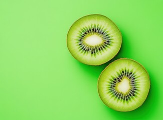 two kiwi fruit slices on a green background, with space for text. kiwi day