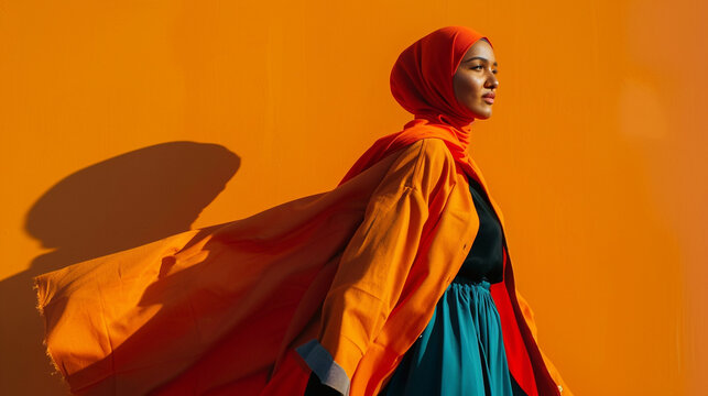 Modern colorful stylish outfit photoshoot of a muslim woman in dynamic shot happy and positive for modest trendy arab women fashion as wide banner with copyspace area