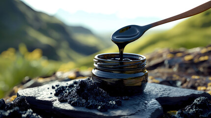 An open black jar of liquid Shilajit resin on a rocky surface. A jar with a spoon scooping and pouring black liquid Shilajit resin back into the jar. Black solid shilajit stones are placed nearby.