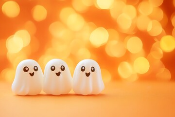 Three cute white halloween ghosts smiling on an orange background with lights