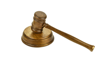 A wooden judge gavel and soundboard cutout