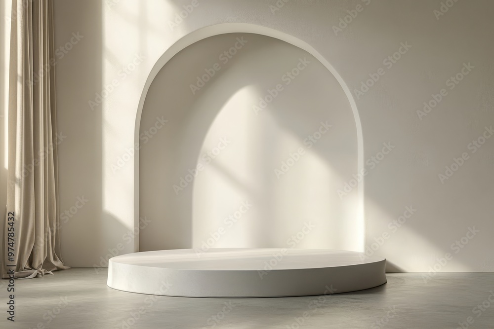 Poster minimalist display area with an arch and circular platform, ideal for presentations or showcases.
