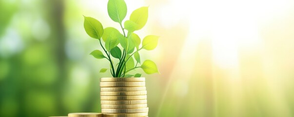 A vibrant plant growing from golden coins symbolizing wealth, prosperity, and a sustainable future in a bright, natural setting.
