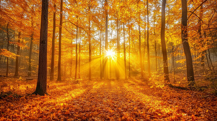 Obraz premium Golden Autumn Forest Sunlight Rays Through Trees Landscape Photography