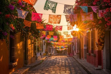 Colorful mexican street at sunset