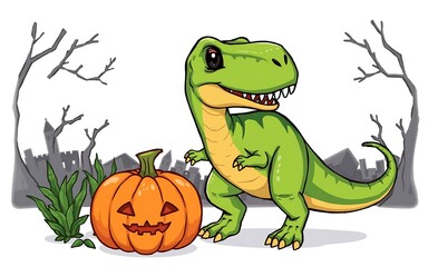 Fototapeta premium Green dinosaur and orange pumpkin, Halloween fun and spooky celebration. 
