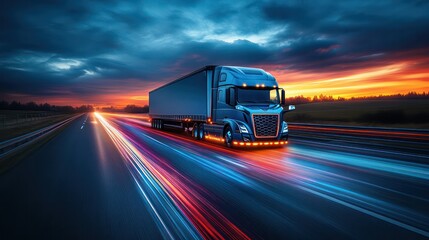 A semi-truck speeding on a dark highway at night, surrounded by vibrant light trails of blue, red, and yellow, creating a sense of motion and energy.