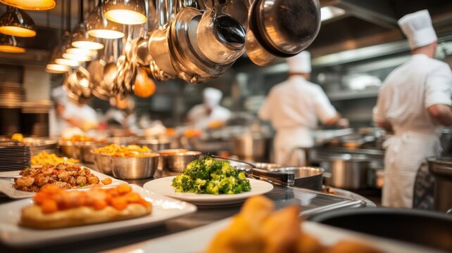 A vibrant kitchen scene featuring chefs preparing delicious dishes with fresh ingredients and kitchen tools in action.