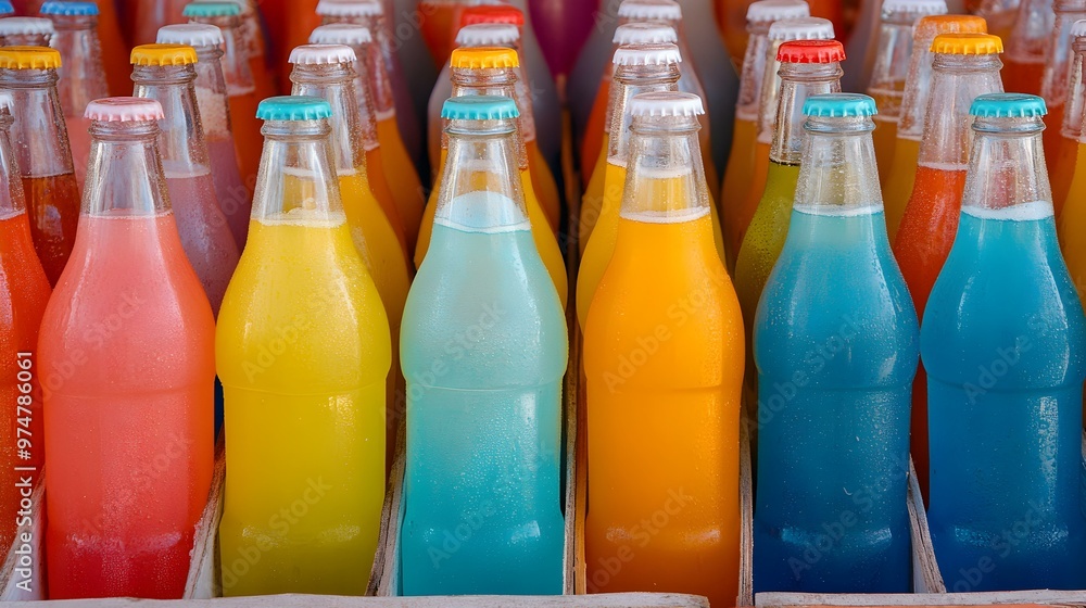 Poster vibrant soda bottles display, an array of colorful soda bottles neatly arranged, showcasing diverse 