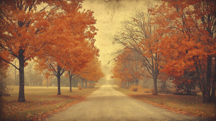 Autumn Road with Colorful Trees and Fog