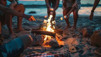 Friends toasting marshmallows over a fire during a beach party
