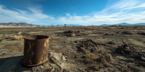 Naklejka premium A rusty metal drum in a dry desert landscape.