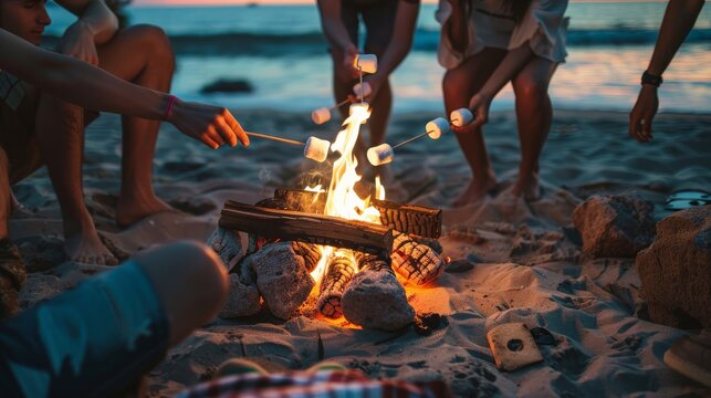 Friends toasting marshmallows over a fire during a beach party
