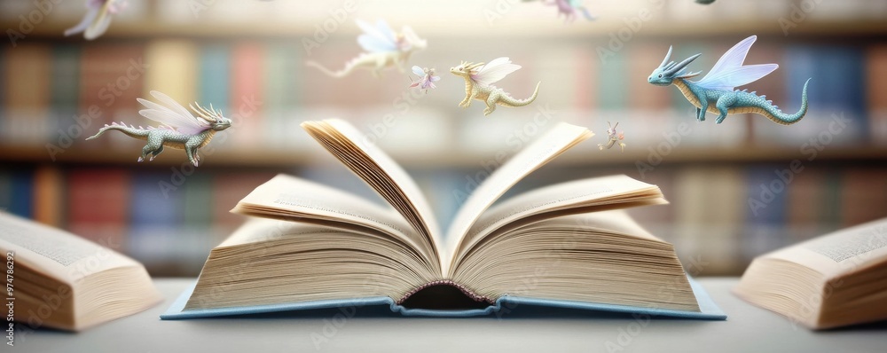 Poster an enchanting open book surrounded by colorful fairies in a mystical library setting, inspiring imag