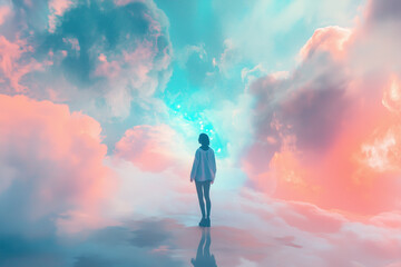 One woman stand on colorful clouds
