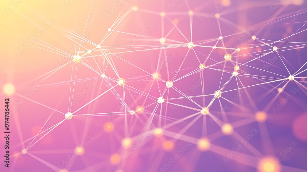 Poster abstract network of connected dots and lines in a vibrant pink and yellow gradient background.