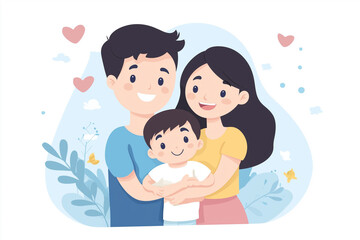 Happy young family with boy kid hugging