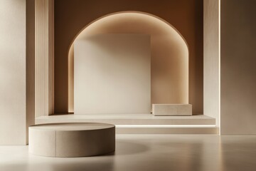 Minimalist interior with soft lighting and geometric shapes for modern design aesthetics.