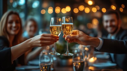 A modern office setting with business professionals toasting with champagne, celebrating a key achievement with smiles, handshakes, and joy.