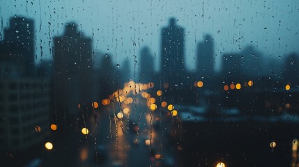 Blurry Night Cityscape View Through Rain-Dripping Glass Window Urban Skyline at Night Generative AI