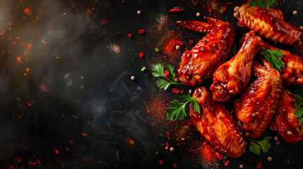 Fresh chicken wings in buffalo barbeque, or spicy sauce with flying ingredients and spices hot ready to serve and eat food commercial advertisement menu banner with copy space