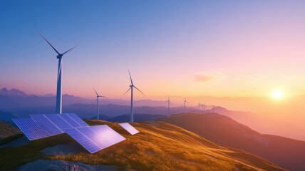 Breathtaking sunrise over a landscape featuring wind turbines and solar panels, symbolizing renewable energy and sustainability.
