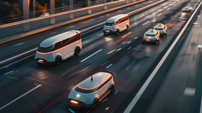 Futuristic robotaxi or van trucks fleet on highway along with full self driving system activated for transportation autonomy concepts as wide banner with copy space area