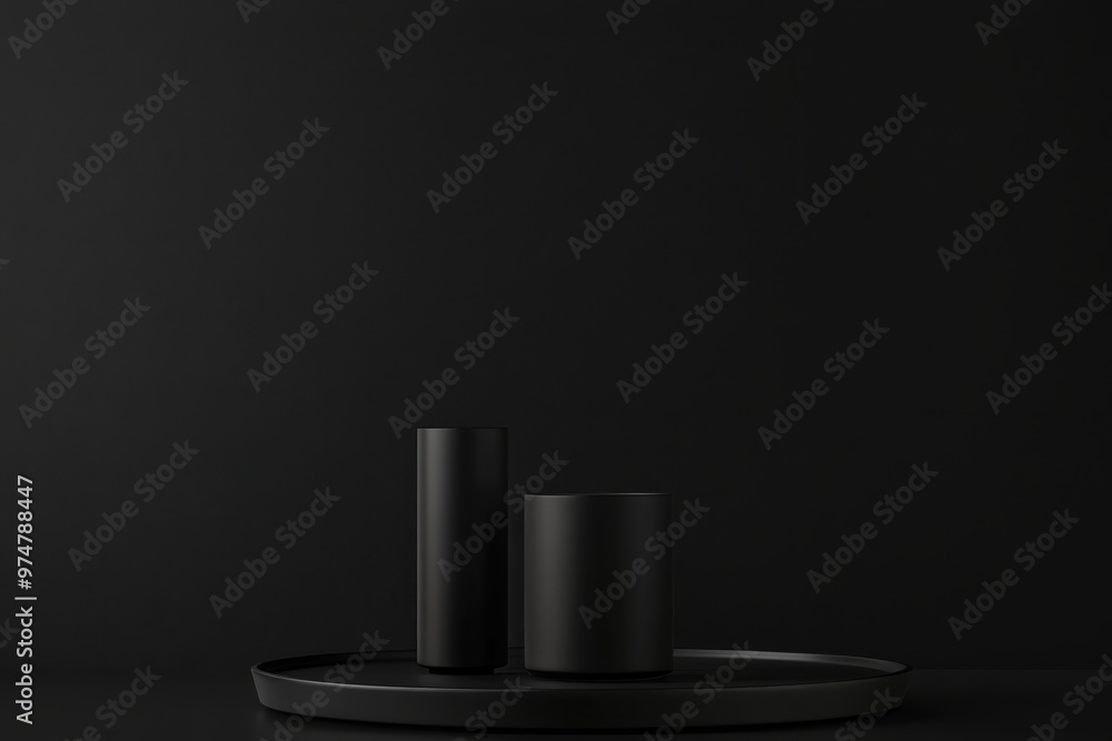Poster minimalistic black objects on a tray against a black background.