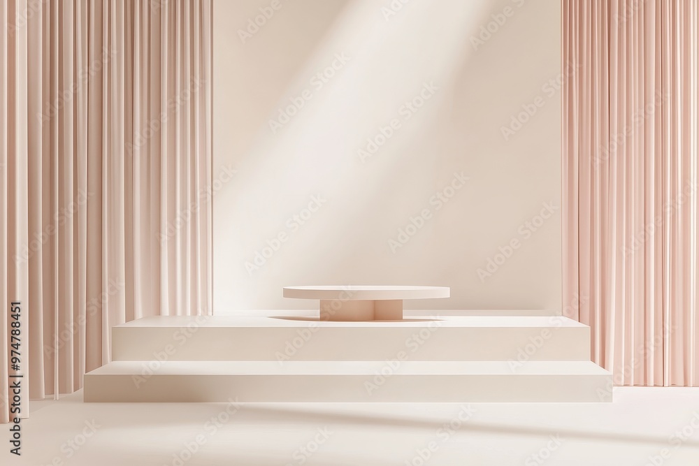 Poster minimalist stage setup with soft lighting and draped curtains for presentations or displays.