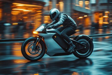 sleek electric bicycle zips through dedicated urban lane rider embodying ecofriendly commute cityscape blurs in background emphasizing speed and efficiency