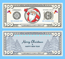 Vector holiday banknote or flyer. Obverse and reverse of 100 dollar bill. Funny cartoon Santa Claus. Merry Christmas and Happy New Year. Play money. One hundred dollars. Fir trees and garlands.