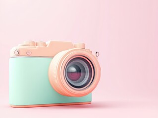 A vintage camera with pastel colors against a soft pink background, perfect for photography enthusiasts and creative projects.