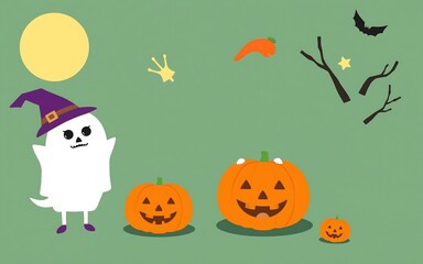 Fototapeta premium A cute ghost in a purple hat and orange pumpkins with happy faces on a green background, perfect for Halloween designs and social media posts. 