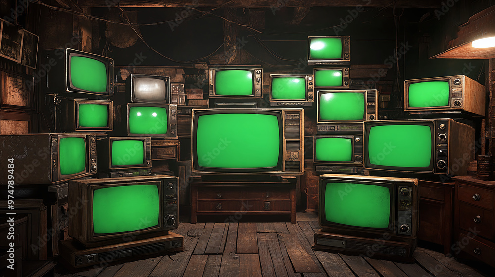 Poster artistic 3d rendered composition stack old classic television with green screen monitors random posi