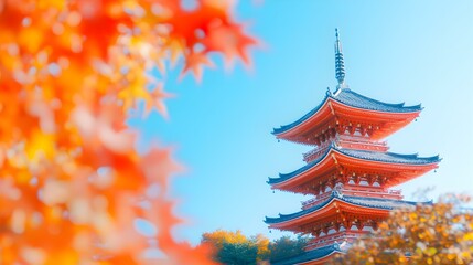 Obraz premium Serene Pagoda Vista, a traditional pagoda rises majestically in the distance, surrounded by lush greenery and a tranquil atmosphere.