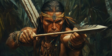 Native American man aiming arrow in forest.