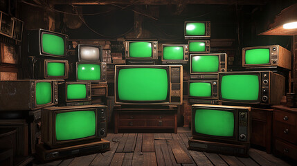 artistic 3d rendered composition stack old classic television with green screen monitors random positions in empty room dynamic composition cinematic lighting video element chroma key video element