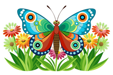 A butterfly sits on meadow flowers vector illillustration 